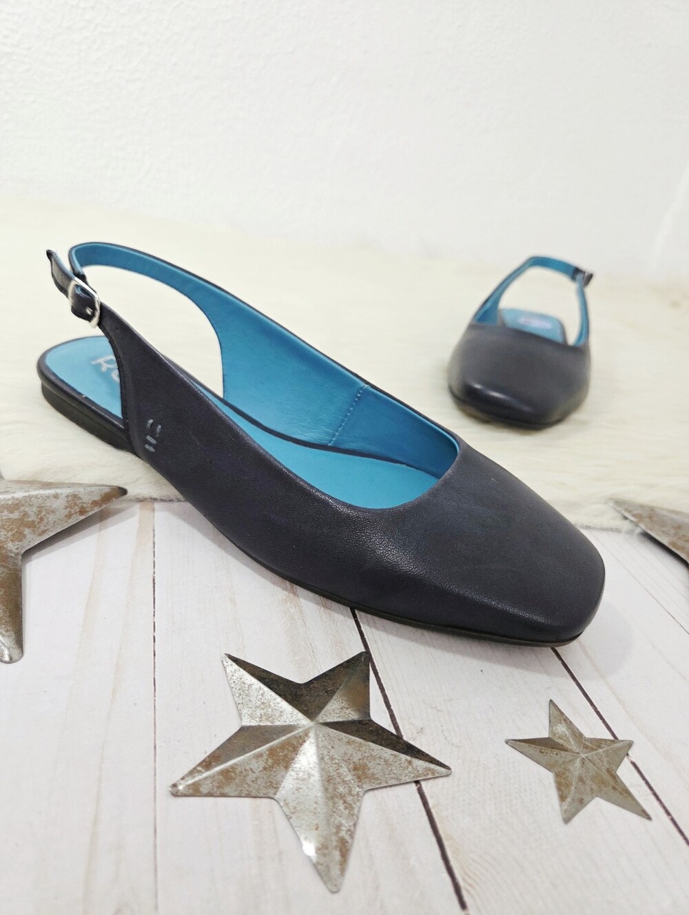 Roan Bed Stu Woken slingback ballet flats Black DD Teal women's Sz 6.5 new NWOB